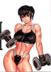 1girl abs biceps black_gloves breasts brown_eyes brown_hair covered_erect_nipples daimon_akiko dual_wielding dumbbell exercising female_focus fingerless_gloves gloves groin headband highleg hip_focus holding impossible_clothes large_breasts leaning lips lipstick looking_at_viewer makeup midriff muscular muscular_female navel official_art scan short_hair simple_background skin_tight smile solo spandex sports_bra standing sweat taisen_hot_gimmick taisen_hot_gimmick_4ever thighs toned traditional_media tsukasa_jun weights wide_hips rating:Sensitive score:148 user:danbooru