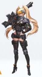  1girl absurdres artist_request blonde_hair bodysuit breasts closed_mouth fingerless_gloves full_body gloves goddess_of_victory:_nikke gun head-mounted_display high_heels highres holding holding_gun holding_weapon idoll_sun knee_pads long_hair medium_breasts navel official_art solo twintails weapon  rating:Sensitive score:14 user:deltaonix