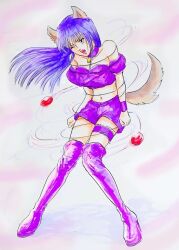 1girl animal_ears anime_screenshot boots breasts bridal_garter cleavage detached_sleeves fujiwara_zakuro knee_boots long_hair magical_girl medium_breasts mew_zakuro midriff non-web_source official_style pink_ribbon puffy_detached_sleeves puffy_sleeves purple_footwear purple_hair ribbon solo source_request tail tokyo_mew_mew tokyo_mew_mew_new very_long_hair wolf_ears wolf_girl wolf_tail