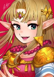  1girl blonde_hair collarbone dancho_no_mori dress earrings green_eyes highres jewelry lips long_hair nintendo open_mouth parted_lips pink_background pink_dress pointy_ears princess_zelda shoulder_pads signature simple_background smile solo symbol-shaped_pupils teeth the_legend_of_zelda tiara tongue triangle-shaped_pupils triangle_earrings upper_body upper_teeth_only 