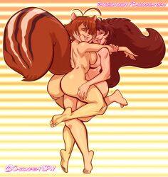 2girls after_kiss animal_ears arc_system_works artist_name ass ass_grab barefoot blazblue blush braid breast_press breasts brown_eyes brown_hair chickpea completely_nude crossover curvy french_braid full_body happy highres huge_ass kiss looking_at_viewer looking_back makoto_nanaya marvel medium_breasts medium_hair midriff multiple_girls naughty_face nude open_mouth orange_eyes presenting sideboob smile squirrel_ears squirrel_girl_(marvel) squirrel_tail striped striped_background tail take_your_pick teeth toes tongue tongue_out trait_connection upper_teeth_only wide_hips yuri rating:Explicit score:24 user:fakyuh