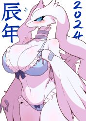  1girl arm_at_side blue_bra blue_eyes blue_panties blue_sclera blush bow bow_panties bra breasts claws cleavage closed_mouth colored_sclera cowboy_shot creatures_(company) dated embarrassed female_focus frilled_bra frilled_panties frills furry furry_female game_freak gen_5_pokemon genderswap genderswap_(otf) hand_up huge_breasts japanese_text legendary_pokemon long_hair looking_at_viewer navel nintendo panties personification pokemon pokemon_(creature) reshiram siglk simple_background solo standing underwear wavy_mouth white_background white_fur white_hair winged_arms wings 