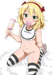  10s 1girl adult_baby aged_down bell bib blonde_hair blush bottomless bow breasts censored character_name from_above green_eyes hair_ornament hairband idolmaster idolmaster_cinderella_girls jingle_bell kneeling loli lolita_hairband long_hair looking_at_viewer looking_up navel nipples pacifier pussy rattle sakurai_momoka short_hair solo striped_clothes striped_thighhighs thighhighs youkan  rating:Explicit score:199 user:danbooru