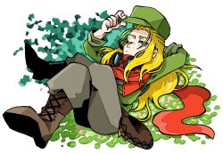  1boy blonde_hair blue_eyes boots brown_footwear crossed_legs dondon096 etrian_odyssey full_body goggles goggles_around_neck green_hat green_shirt hat highres holding holding_clothes holding_hat long_hair lying on_back on_ground one_eye_closed outdoors pants ranger_(sekaiju) ranger_1_(sekaiju) red_scarf scarf sekaiju_no_meikyuu sekaiju_no_meikyuu_1 shirt solo white_background 
