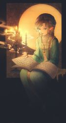  1girl absurdres apize book braid candle dress earrings green_dress green_eyes highres jewelry light_brown_hair lips long_hair necklace original pendant pointy_ears reading ring single_braid sitting smile solo turban very_long_hair  rating:Sensitive score:1 user:danbooru
