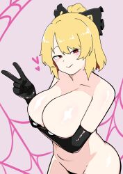  1girl :&gt; arm_under_breasts black_bow black_gloves blonde_hair bow breasts closed_mouth commentary_request elbow_gloves gloves hair_bow heart highres huge_breasts kurodani_yamame navel nude red_eyes rinyamame short_hair smile solo touhou upper_body v 