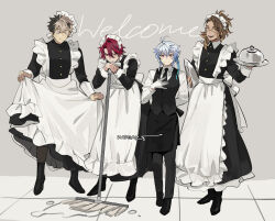  4boys ahoge apron artist_name black_dress black_footwear black_hair black_nails black_necktie black_pants black_pantyhose black_vest blonde_hair blue_hair brown_hair butler clothes_lift crimzon_ruze crossdressing dress dress_lift english_text eyebrow_cut frilled_apron frilled_dress frills glasses goldbullet grey_hair hair_between_eyes hair_ornament hairpin hand_on_own_chest holding holding_plate holoarmis holostars holostars_english jurard_t_rexford kadeart leaning_on_object long_hair long_sleeves looking_at_viewer maid maid_apron maid_headdress male_focus mop multicolored_hair multiple_boys multiple_hairpins necktie octavio open_mouth pants pantyhose pink_eyes plate pointy_ears ponytail purple_eyes red_eyes red_hair shirt short_hair smile streaked_hair tri_braids two-tone_hair vest virtual_youtuber white_apron white_hair white_shirt yellow_eyes 