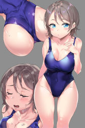 1girl absurdres ass bare_shoulders blue_eyes blue_one-piece_swimsuit blush breasts cleavage closed_eyes collarbone competition_swimsuit covered_navel gluteal_fold grey_hair highres large_breasts lips looking_at_viewer love_live! love_live!_sunshine!! one-piece_swimsuit open_mouth short_hair simple_background solo swept_bangs swimsuit tem10 watanabe_you water wet wet_hair rating:Sensitive score:83 user:danbooru