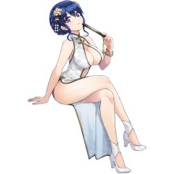  1girl blue_eyes blue_hair breasts cleavage cleavage_cutout clothing_cutout dolphin_wave highres large_breasts navel official_art solo tojou_michiru  rating:Sensitive score:31 user:YuukoLover