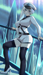  1girl against_railing aurora belt black_belt black_shorts black_thighhighs blue_eyes breasts closed_mouth foot_out_of_frame hat high_heels high_side_ponytail ice iceberg lainart leaning long_hair long_sleeves looking_at_viewer medium_breasts military_hat military_uniform multiple_belts peaked_cap railing revision rwby rwby_ice_queendom scar scar_across_eye scar_on_face shirt short_shorts shorts sky smile snowflake_print solo thighhighs thighs uniform v-shaped_eyebrows very_long_hair weiss_schnee white_hair white_hat white_shirt 