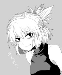  1girl bags_under_eyes breasts closed_mouth commentary_request freckles greyscale highres looking_at_viewer medium_breasts mizuhashi_parsee monochrome pointy_ears shirt short_hair simple_background sleeveless sleeveless_shirt smile solo touhou translation_request upper_body uraraku_shimuni 