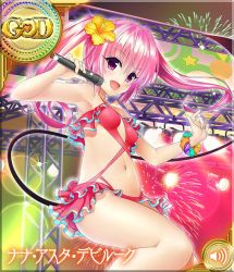 1girl armpits arms_up bikini dancing fang fireworks flower hair_flower hair_ornament idol long_hair microphone music nana_asta_deviluke navel official_art open_mouth pink_eyes pink_hair singing smile solo stage swimsuit tail to_love-ru to_love-ru_darkness:_idol_revolution twintails rating:Sensitive score:26 user:danbooru
