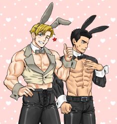  2boys animal_ears ao_isami bara bare_pectorals black_hair blonde_hair chippendales couple cowboy_shot crossdressing facial_hair fake_animal_ears frontless_outfit grin h heart heart_background highres latex_pants lewis_smith looking_at_viewer male_focus male_playboy_bunny multiple_boys muscular muscular_male pectorals rabbit_ears reverse_outfit shrug_(clothing) sideburns_stubble smile standing stubble thick_eyebrows thumbs_up wink_star yaoi yuuki_bakuhatsu_bang_bravern ziyo0001 