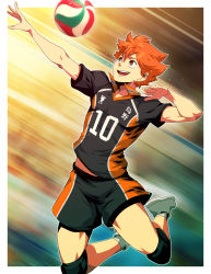  ankle_socks ball black_shirt black_shorts brown_eyes clothes_writing full_body genzoman haikyuu!! highres hinata_shouyou jumping knee_pads looking_at_object male_focus open_mouth orange_hair playing_sports shirt shirt_writing shorts smile socks sportswear tagme uniform volleyball volleyball_(object) volleyball_uniform white_footwear white_socks  rating:General score:5 user:Amae