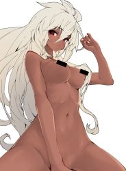 10s 1girl bar_censor breasts censored convenient_censoring covering_privates covering_crotch dark_skin dark-skinned_female granblue_fantasy iwasaki_takashi long_hair looking_at_viewer navel censored_nipples nude open_mouth red_eyes simple_background solo white_background white_hair zooey_(granblue_fantasy) rating:Questionable score:23 user:danbooru