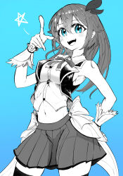  1girl absurdres blue_background blue_eyes bow bowtie breasts collared_shirt commentary cowboy_shot cropped_shirt cropped_vest diamond_hair_ornament fingernails greyscale_with_colored_background groin hair_flaps hair_ornament hair_ribbon hairclip hand_on_own_hip highres hololive impossible_clothes impossible_shirt index_finger_raised long_hair looking_at_viewer medium_breasts miniskirt narrow_waist nitori_nitrous open_mouth pleated_skirt ribbon shirt simple_background skirt sleeveless sleeveless_shirt solo spot_color star_(symbol) star_hair_ornament thighhighs tokino_sora tokino_sora_(1st_costume) vest virtual_youtuber waist_cape wide_hips wrist_cuffs 