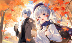  1boy 1girl :d absurdres alternate_costume autumn autumn_leaves ayaka_(genshin_impact) bag beret black_bag black_gloves black_sweater blue_eyes blue_hair blue_scarf blunt_bangs blunt_tresses brother_and_sister brown_coat closed_mouth cloud coat commentary_request cup disposable_cup drink drinking_straw falling_leaves genshin_impact gloves hat highres holding holding_cup kamisato_ayato lalazyt leaf light_blue_hair long_hair long_sleeves looking_at_viewer mole mole_under_eye open_mouth orange_theme ponytail scarf shoulder_bag siblings smile sweater tree upper_body white_sweater 