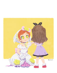  2girls back_bow black_bow black_hairband border bow bow_hairband brown_hair closed_mouth commentary_request dress facing_away flower frilled_dress frills fujishima_megumi gloves hairband highres hoshizora_rin in-franchise_crossover kneeling link!_like!_love_live! long_hair love_live! love_live!_school_idol_project love_wing_bell medium_dress meidosan multiple_girls off-shoulder_dress off_shoulder orange_hair outside_border polka_dot polka_dot_bow polka_dot_hairband purple_dress red_footwear short_hair smile two_side_up white_border white_dress white_gloves yellow_background yellow_eyes yellow_flower 