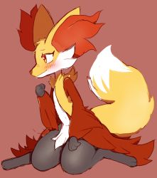 1girl animal_ears animal_hands blush cactus_(spareminty) clenched_hand creatures_(company) delphox feet female_focus fox_ears fox_tail from_side full_body furry furry_female game_freak gen_6_pokemon half-closed_eyes hand_up highres kneeling nintendo orange_eyes pokemon pokemon_(creature) pokemon_xy red_background simple_background sitting smile solo tail wariza