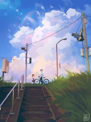  1boy 1girl alina_l bicycle black_pants blue_sky brown_hair brown_skirt child cloud cloudy_sky collared_shirt commentary day doujima_nanako full_body grass grey_hair hand_in_pocket highres lamppost long_hair low_twintails narukami_yuu outdoors pants persona persona_4 profile scenery shirt short_hair short_sleeves signature skirt sky stairs standing twintails twitter_username white_shirt 
