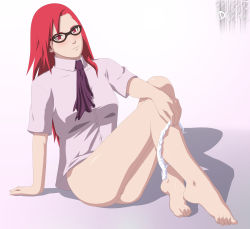  1girl absurdres arm_support barefoot blush boruto:_naruto_next_generations bottomless breasts darkalx feet full_body glasses gradient_background highres karin_(naruto) legs looking_at_viewer naruto_(series) necktie panties panty_pull red_eyes red_hair self_exposure simple_background sitting small_breasts smile solo stiky_finkaz underwear white_panties  rating:Explicit score:131 user:stiky-finkaz