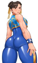1girl ass biceps blue_unitard blush breasts brown_eyes capcom chun-li crop_top crop_top_overhang double_bun earrings from_behind hair_bun hair_ribbon highres jewelry looking_back medium_breasts official_alternate_costume open_mouth ribbon shigenobu shiny_clothes skin_tight sleeveless solo street_fighter street_fighter_zero_(series) stud_earrings studded_bracelet thick_thighs thighs white_background rating:Sensitive score:74 user:danbooru
