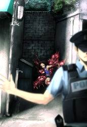 1boy 1girl alley bdsm blurry blurry_foreground body_horror bondage bound bound_arms bound_legs commentary day depth_of_field drainpipe electricity_meter faucet food hat highres meat monster onibi_(foxhound4185) open_mouth original outdoors patchwork_girl_(onibi) police police_hat police_uniform policeman road running_bond street transformation uniform wall rating:Sensitive score:12 user:danbooru