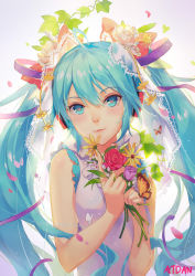 1girl ahoge animal artist_name atdan bad_id bad_pixiv_id bare_arms bare_shoulders blue_eyes blue_hair blush bug butterfly closed_mouth dress eyelashes flower grey_background hatsune_miku headphones heart heart-shaped_pupils highres holding holding_flower index_finger_raised insect ivy lips long_hair matching_hair/eyes plant purple_dress red_flower red_rose revision rose see-through simple_background sleeveless sleeveless_dress smile solo symbol-shaped_pupils tsurime twintails veil very_long_hair vocaloid w_arms rating:Sensitive score:11 user:danbooru