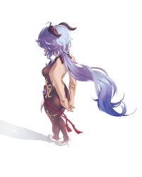  1girl ahoge arms_behind_back bare_arms bare_shoulders black_bodysuit blue_hair bodysuit breasts commentary from_above ganyu_(genshin_impact) genshin_impact high_heels highres horns ker0nit0 long_hair medium_breasts shadow sideboob simple_background solo white_background white_footwear 