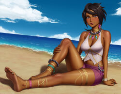  1girl anklet arm_support barefoot black_hair breasts choker cleavage closed_mouth cloud commentary creatures_(company) dark-skinned_female dark_skin day earrings feet game_freak highres jewelry knees looking_at_viewer mangho nail_polish navel necklace nintendo olivia_(pokemon) outdoors pokemon pokemon_sm purple_shorts sand shirt shore shorts sitting sky sleeveless sleeveless_shirt smile toenail_polish toenails toes water wristband 