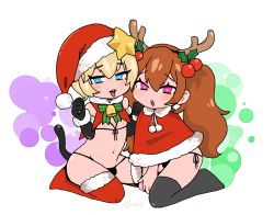2boys androgynous animal_ears artist_request bare_shoulders black_panties blonde_hair blue_eyes blush brown_hair bulge chibi christmas crossdressing dress elbow_gloves embarrassed fake_animal_ears fake_horns fake_tail fingerless_gloves gloves hat heart heart-shaped_pupils highres homare_nao hood horns kneeling lingerie lips long_hair looking_at_viewer multiple_boys naughty_face navel nipples open_mouth panties pink_eyes rabbit_ears santa_hat seductive_smile short_hair side-tie_panties simple_background sitting smile symbol-shaped_pupils tail taimanin_(series) taimanin_asagi taimanin_rpgx take_your_pick thong tongue tongue_out trap twintails uehara_shikanosuke underwear rating:Questionable score:30 user:fakyuh
