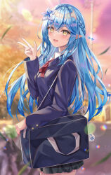  1girl :d absurdres ahoge alternate_costume autumn bag blazer blue_bag blue_hair blurry blurry_background braid breast_pocket collared_shirt colored_tips crossed_bangs dot_nose elbow_rest floating_hair flower from_side green_skirt hair_between_eyes hair_flower hair_intakes hair_ornament half_updo hand_up highres holding holding_bag hololive jacket lens_flare lens_flare_abuse light_blush light_particles long_hair looking_at_viewer matsumoto_yuu multicolored_hair neck_ribbon open_mouth outdoors plaid plaid_skirt pleated_skirt pocket pointy_ears purple_jacket red_ribbon ribbon school_uniform shirt shoulder_bag sidelocks single_braid skirt smile standing sunset virtual_youtuber w white_shirt yellow_eyes yukihana_lamy 