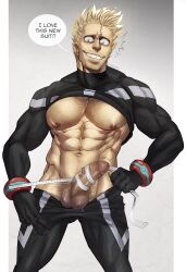  1boy abs bara beard_stubble biceps blonde_hair body_hair bodysuit boku_no_hero_academia bracelet bubaigawara_jin facial_hair feet_out_of_frame formal hairy highres huge_pectorals jewelry male_focus manly mature_male muscular muscular_male nipples pectorals precum saliva saliva_trail scar simple_background smirk solo soynutts spandex speech_bubble spiked_hair stubble suit sweat tape_measure teeth tight_clothes veins 