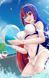  1girl ;d absurdres alear_(female)_(fire_emblem) alear_(fire_emblem) alternate_costume ball beachball bikini blue_hair blue_sky bracelet breasts commentary_request crossed_bangs fire_emblem fire_emblem_engage hair_between_eyes highres holding holding_ball holding_beachball jewelry large_breasts long_hair looking_at_viewer multicolored_hair navel nintendo one_eye_closed open_mouth partially_submerged red_eyes red_hair resident92evil sky smile sommie_(fire_emblem) split-color_hair sunglasses swimsuit tiara two-tone_hair very_long_hair water white_bikini 
