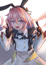  1boy absurdres astolfo_(fate) astolfo_(saber)_(fate) astolfo_(saber)_(third_ascension)_(fate) black_bow black_bowtie black_gloves black_ribbon blush bow bowtie double_v dress fate/grand_order fate_(series) gloves hair_bow hair_intakes highres juliet_sleeves long_hair long_sleeves looking_at_viewer low_twintails male_focus multicolored_hair nanado27_7 pink_hair puffy_sleeves purple_eyes ribbon smile solo streaked_hair trap twintails v white_hair wing_collar 