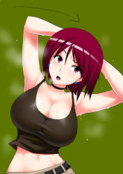 1girl armpits arms_behind_head belt breasts brown_eyes brown_hair choker cleavage crop_top crop_top_overhang earrings exercising highres huge_breasts jewelry large_breasts midriff navel okyou open_mouth shirt smell solo sweat tank_top taut_clothes taut_shirt the_king_of_fighters whip_(kof) rating:Questionable score:143 user:danbooru