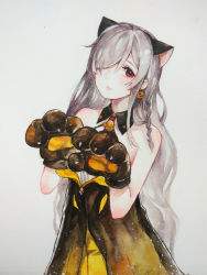  1girl alternate_costume animal_ear_hairband animal_ear_headwear animal_ears animal_hands black_dress blush braid cat_ear_hairband cat_ears cat_paws clothing_cutout creamyghost dress earrings fake_animal_ears food-themed_earrings food_themed_earrings g36c_(girls&#039;_frontline) girls&#039;_frontline gloves hair_over_one_eye halloween_costume hands_up highres jewelry long_hair pumpkin pumpkin_earrings red_eyes shoulder_cutout silver_hair simple_background smile tareme very_long_hair white_background  rating:Sensitive score:1 user:Trouble13