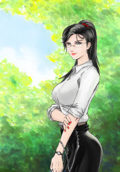  1girl absurdres belt black_hair blue_eyes breasts cowboy_shot dress_shirt glasses high_ponytail highres large_breasts lipstick long_hair looking_at_viewer makeup nail_polish original outdoors pencil_skirt ponytail red_lips red_nails shirt skirt sleeves_rolled_up solo standing sukebebuta:-3 teacher watch white_shirt wristwatch 