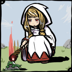 1girl blonde_hair female_focus final_fantasy final_fantasy_tactics frog full_body hood long_hair lowres nature outdoors red_eyes robe sky solo squatting staff white_mage white_mage_(fft) white_mage_(final_fantasy) yarusena