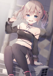 1girl :d absurdres arm_support bad_id bad_pixiv_id bandaid bandaid_on_cheek bandaid_on_face bare_shoulders belt belt_buckle black_belt black_shirt black_skirt black_thighhighs blue_eyes blurry blurry_background blush brown_hair buckle collarbone commentary_request depth_of_field dutch_angle earrings fang fingernails hair_between_eyes hair_ornament hair_scrunchie hairclip highres jewelry long_sleeves midriff nail_polish navel open_mouth original pink_nails pleated_skirt puffy_long_sleeves puffy_sleeves red_scrunchie scrunchie shirt sitting skirt smile solo teeth thighhighs tsuruse twintails upper_teeth_only rating:Sensitive score:4 user:danbooru