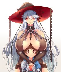 1boy 1girl age_difference apple bare_shoulders between_breasts breast_rest breasts breasts_on_head brown_eyes brown_hair cleavage cowboy_shot detached_sleeves elbow_sleeve eye_contact food fruit gradient_background gran_(granblue_fantasy) granblue_fantasy grin hair_between_eyes happy hat highleg highleg_leotard holding holding_food hug hug_from_behind huge_breasts leotard long_hair looking_at_another magisa_(granblue_fantasy) matching_hair/eyes sakurama_haruomi shiny_clothes shiny_skin short_hair shota silver_hair size_difference smile standing teeth very_long_hair white_background witch_hat rating:Questionable score:80 user:Manwe