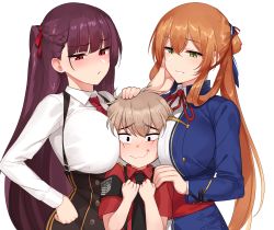  1boy 2girls age_difference bad_id bad_pixiv_id blunt_bangs blush braid breasts brown_hair child commander_(girls&#039;_frontline) embarrassed girl_sandwich girls&#039;_frontline green_eyes hair_ribbon hand_on_another&#039;s_head hand_on_another&#039;s_shoulder hand_on_own_hip height_difference highres huge_breasts long_hair multiple_girls ndgd one_side_up parted_lips ponytail purple_hair red_eyes ribbon sandwiched shota side_braid sidelocks simple_background smile springfield_(girls&#039;_frontline) sweatdrop underbust wa2000_(girls&#039;_frontline) wavy_mouth white_background  rating:Sensitive score:95 user:danbooru