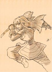 1girl absurdres ainu_clothes angry breasts fingerless_gloves from_side gloves hair_ribbon highres incoming_attack leg_lift leg_up legs long_hair marvel_vs._capcom marvel_vs._capcom_2 medium_breasts nakoruru official_style open_mouth pants ribbon samurai_spirits shinzankuro shoes sideboob snk solo the_king_of_fighters thighs traditional_media weapon 
