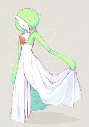  bob_cut closed_eyes clothes_lift colored_skin creatures_(company) dress dress_lift game_freak gardevoir gen_3_pokemon green_hair grey_background hair_over_one_eye highres lila_0219 multicolored_skin nintendo pokemon pokemon_(creature) simple_background two-tone_skin white_dress white_skin 