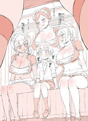  1boy 3girls age_difference blush breasts cleavage highres huge_breasts large_breasts mikan_kougyou multiple_girls open_mouth shota sitting smile 