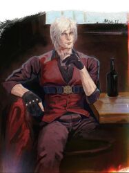  1boy blue_eyes bottle dante_(devil_may_cry) devil_may_cry_(series) facial_hair fingerless_gloves gloves highres holding horademimirrr looking_at_viewer male_focus realistic smile white_hair 
