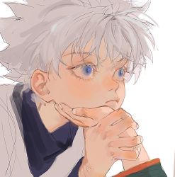 1boy blue_eyes closed_mouth eyelashes fingernails gon_freecss grey_hair hand_on_another&#039;s_chin hand_up highres holding_another&#039;s_wrist hunter_x_hunter killua_zoldyck light_smile long_sleeves looking_at_another looking_away male_focus panni_xing portrait short_hair simple_background sketch solo_focus turtleneck  rating:General score:10 user:danbooru
