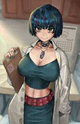  1girl absurdres belt blue_hair breasts calendar_(object) choker cleavage clipboard female_focus highres jewelry lab_coat large_breasts looking_at_viewer midriff nail_polish navel orange_eyes pendant persona persona_5 saiykik short_hair solo takemi_tae  rating:Sensitive score:3 user:catonfire26