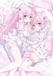 :3 :o animal_ears apron arched_back arm_grab ass blue_bow blue_eyes blush bow breasts cat_ears choker cleavage crossed_bangs dress frills garter_straps hair_between_eyes hair_bow hair_ornament hairpin hand_on_another&#039;s_crotch heart highres legwear_garter long_hair looking_at_viewer maid maid_apron maid_headdress medium_breasts moe2023 momochi_chia on_bed one_side_up original panties pillow pink_bow pink_choker pink_hair sash short_hair skindentation taut_clothes taut_dress thigh_strap thighhighs underwear upskirt white_bow white_dress white_panties white_sash white_thighhighs wrist_cuffs zettai_ryouiki rating:Sensitive score:28 user:danbooru