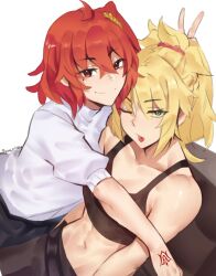  2girls absurdres artist_name blonde_hair command_spell commentary deccatezu english_commentary fate/grand_order fate_(series) fujimaru_ritsuka_(female) green_eyes highres mole mole_under_eye mordred_(fate) multiple_girls one_eye_closed orange_eyes orange_hair sitting smile sweater tank_top tongue tongue_out v v_over_head yuri  rating:Sensitive score:13 user:danbooru